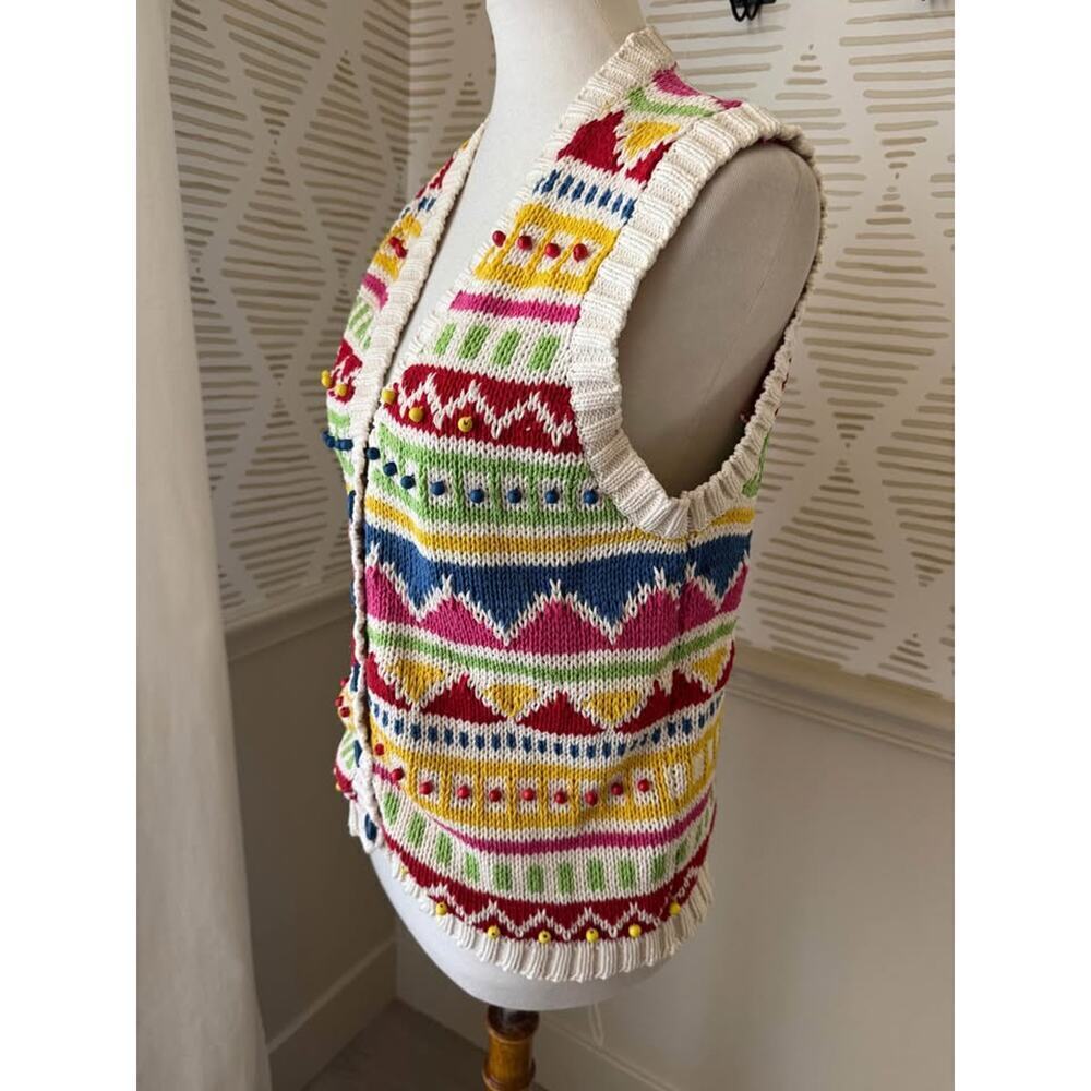 All Week Long Women’s Small Vintage Multicolor Cotton & Wood Bead Knit Vest - Picture 3 of 9